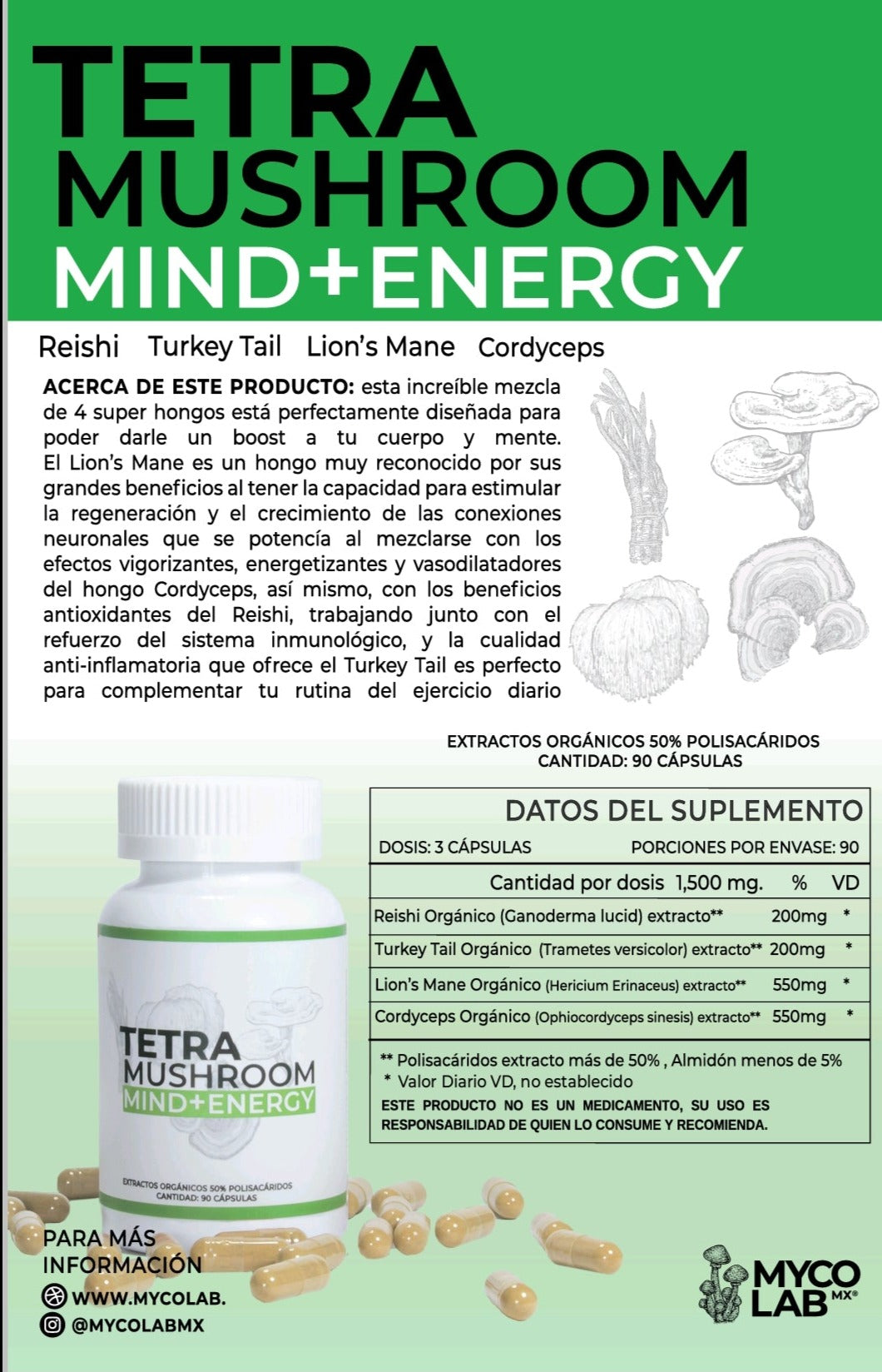 Tetra Mushroom Mind and Energy - Mezcla de 4 Hongos Medicinales