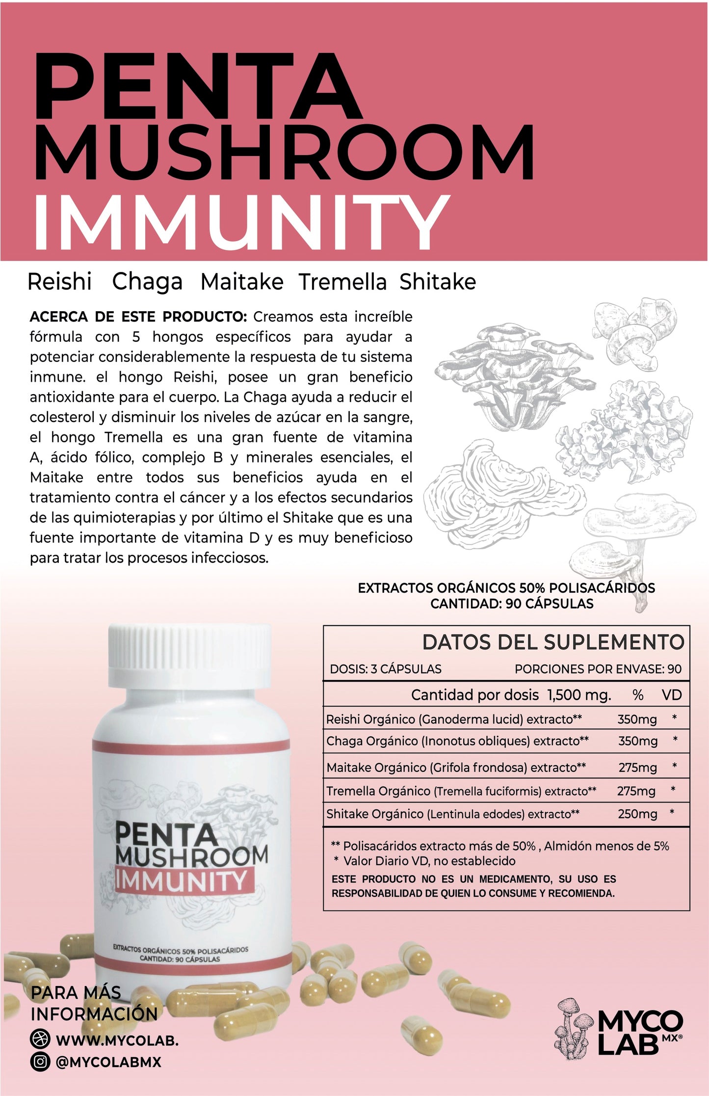 Penta Mushroom Immunity - Mezcla de 5 Hongos Medicinales